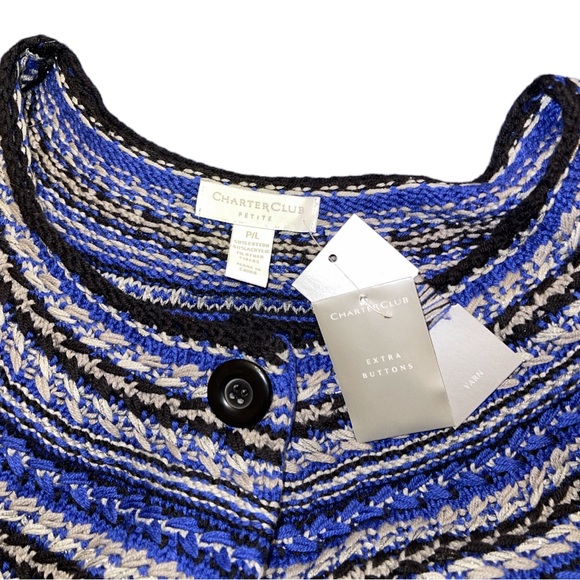NEW Charter Club Cardigan Short Sleeve Blue Black Gray Nordic Sweater - Picture 2 of 4